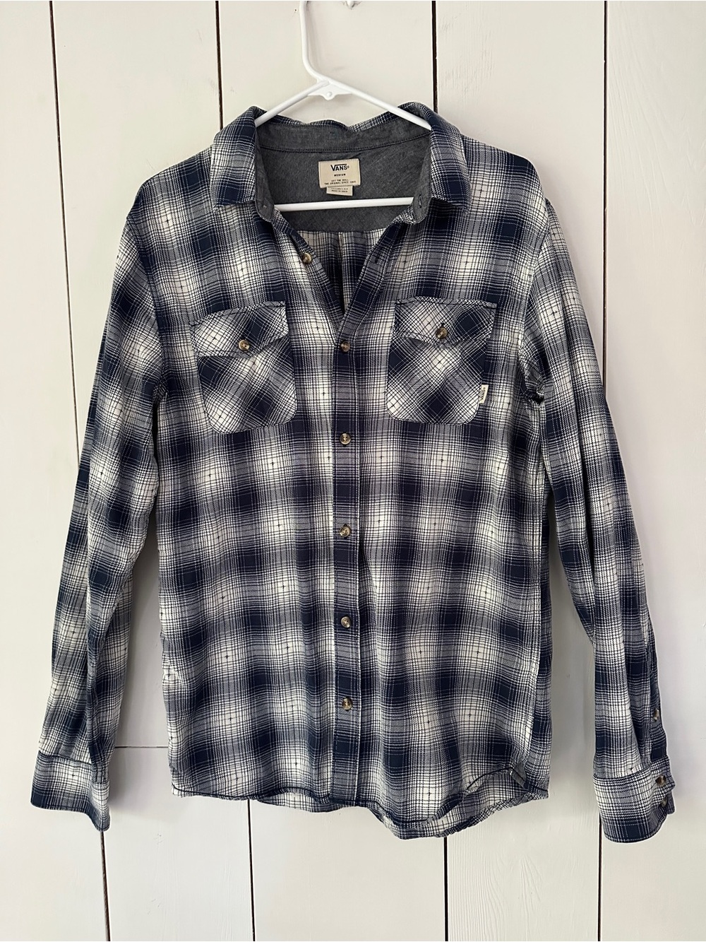 Vans Grunge Plaid Check Flannel Shirt Sz M Navy Blue White